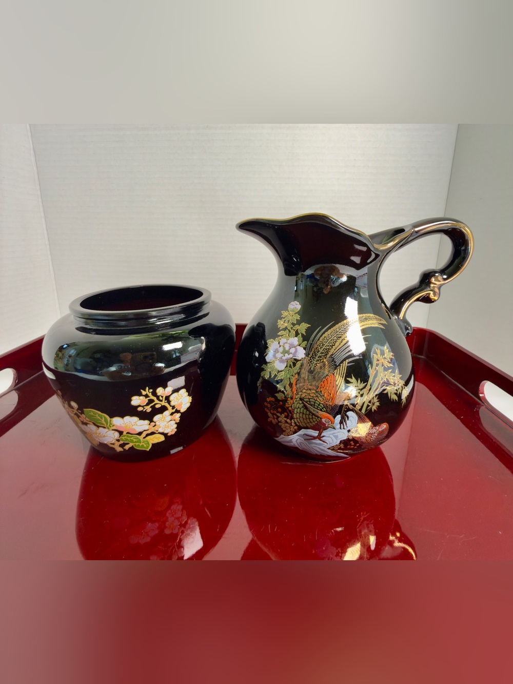 Vintage Japanese Black Porcelain Peacock Pitcher & Vase Set Gold Trim